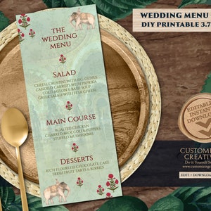 Elephant Menu Cards Indian as Dinner Menu cards Elephant, Indian Meal Table Menu Reception & Mehndi Menu card Elephant Wedding Dinner Indian