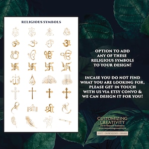 The image is a collection of religious symbols, including Hindu and Christian icons, presented in a collage format. The text suggests that the symbols can be added to a design to create a personalized religious symbol.