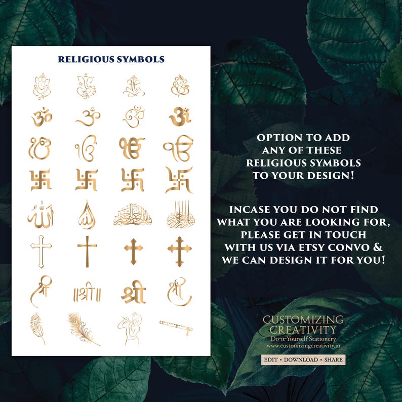 The image is a collection of religious symbols, including Hindu and Christian icons, presented in a collage format. The text suggests that the symbols can be added to a design to create a personalized religious symbol.