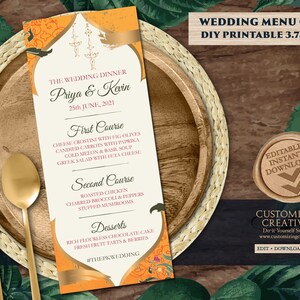 Moroccan Wedding Menu Card Template for a Wedding Reception Dinner, Editable & Printable Orange Menu Cards for an Arabic Wedding Table Decor