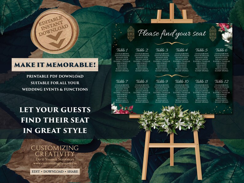 Emerald Green Seating Chart Template & Emerald Wedding Seating Etsy