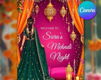 Mehndi Night Welcome Sign Canva Template, Indian Mehndi Sign, Henna Night Welcome Sign Printable, Indian Wedding Decor Sign Instant Download
