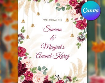 Modello di cartello di benvenuto Anand Karaj su Canva, Cartello di benvenuto per matrimonio Sikh stampabile, Cartello per matrimonio Punjabi, Cartello di benvenuto per matrimonio indiano Anand Karaj