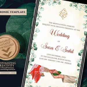 Digital Hindu Wedding Invitation Template: Floral Indian Wedding Cards