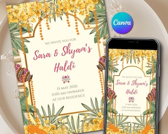 Haldi Invitation Template Instant Download & Digital Haldi Marigold Tropical Floral Editable Canva WhatsApp Card as Digital Pithi invites