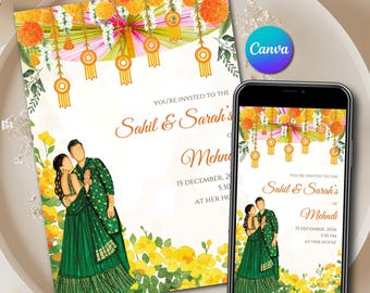 Editable Mehndi Canva Template Digital Instant Download & Rajasthani Mehendi Card Printable Mendhi invite for Mehndi ceremony Invitation
