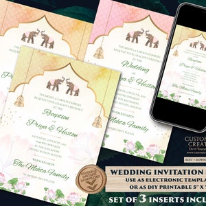 Invitation pastel pour mariage indien, modèle d’invitation d’éléphant indien Télécharger pour mariage pastel en rose blush avec éléphants et lotus