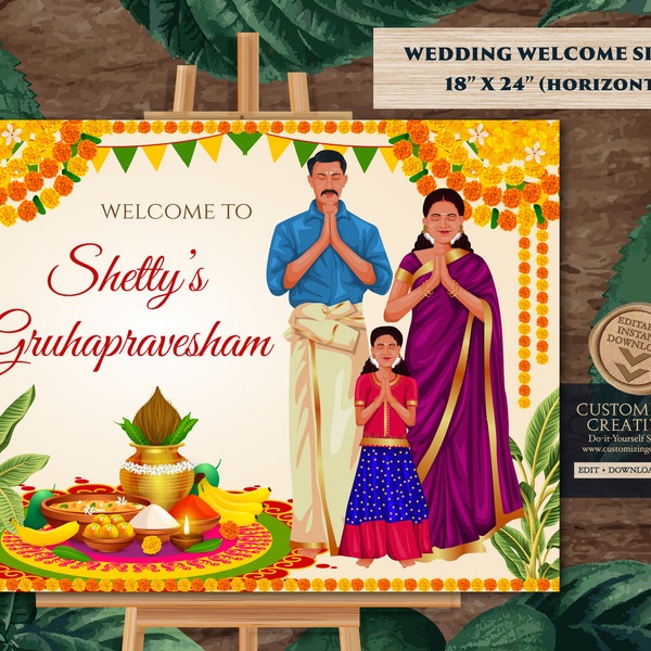 Gruhapravesham welcome sign & Gruha Pravesham sign as Housewarming poster, Indian Housewarming banner, Griha Pravesh sign a Grah shanti sign