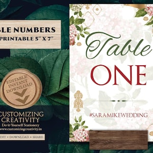 Greenery Wedding Table Numbers: Floral Indian Reception Decor (Digital Download)