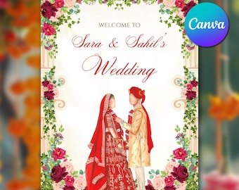 Modello di cartello di benvenuto per matrimonio indiano, illustrazione degli sposi modificabile su Canva, cartello di benvenuto floreale per matrimonio indù, download immediato.