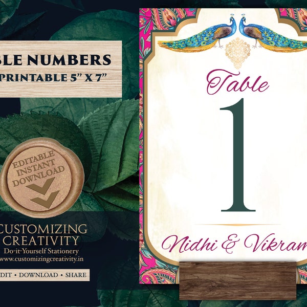 Peacock Table Numbers Indian & Peacock Table cards Boho, Hindu Table numbers as Wedding Table decor signages, Indian Table Numbers Peacock