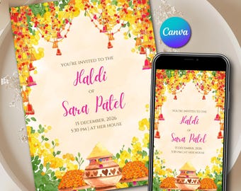 Haldi Invitation Pithi invite Editable Canva Template & Gaye Holud invite Digital Mayoun Instant Download as Haldi ceremony invite