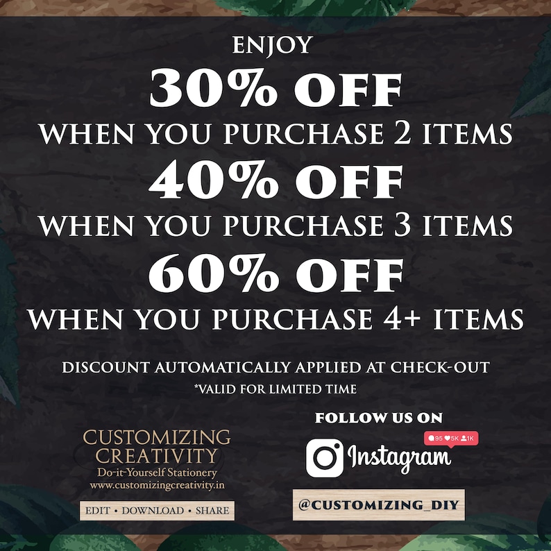 The image is a promotional advertisement for a product that offers discounts on purchases of various quantities of items. It features a dark background with white text and images, and includes a call to action for customers to follow the brand on social media platforms.