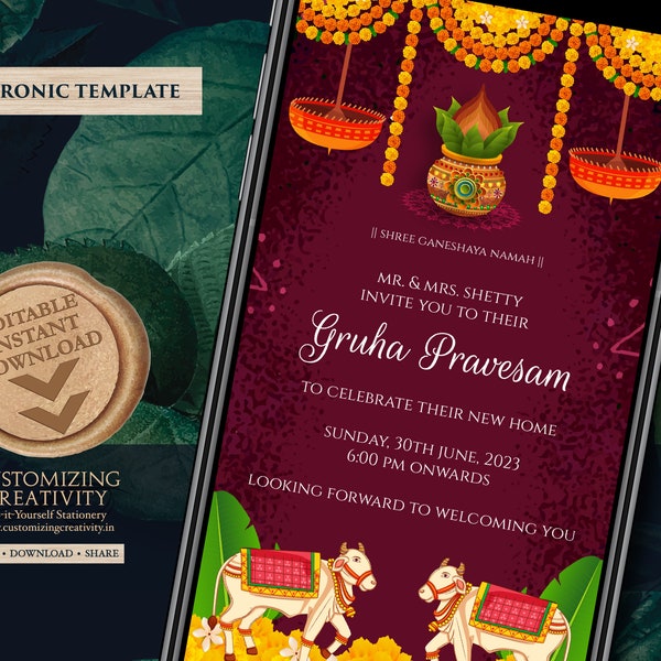Pooja invite as Gruha pravesh invite, Griha pravesh invite as Housewarming invite, Gruhapravesam invitation & Indian Housewarming invitation