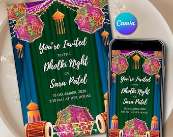 Digital Dholki Night Invitation Template with Rajasthani Umbrella & Dhol | Dholki invite Editable Canva Printable Dholak Instant Download
