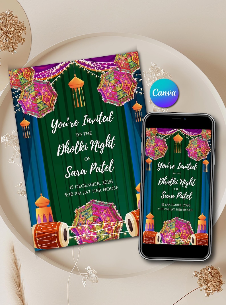 Digital Dholki Night Invitation Template With Rajasthani Umbrella ...