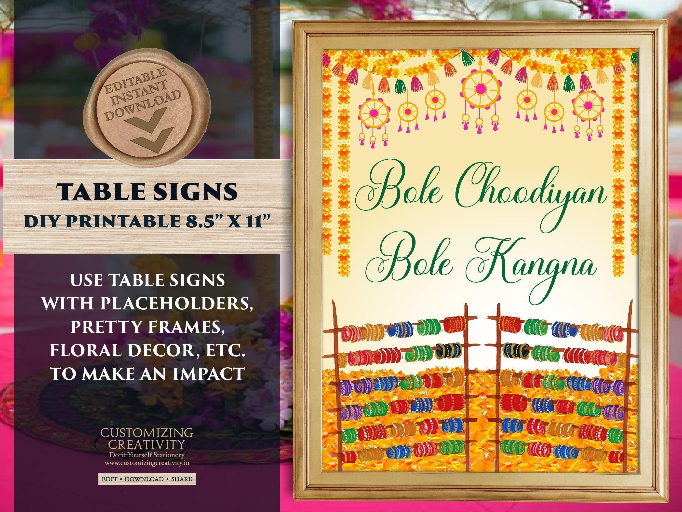 Indian Bangle bar sign Bindi Bar signs, Mehndi decoration as Bangle ceremony decor & Henna station Desi wedding, Mehndi decor as Haldi decor