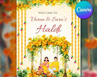 Haldi Welcome Sign Editable Canva Template & Indian Wedding Welcome Sign Template, Wedding Haldi or Pithi welcome Sign Instant Download