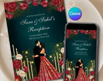Digital Indian Wedding Reception Template Invitation Printable & Emerald Reception invite with Couple Editable Canva Instant Download