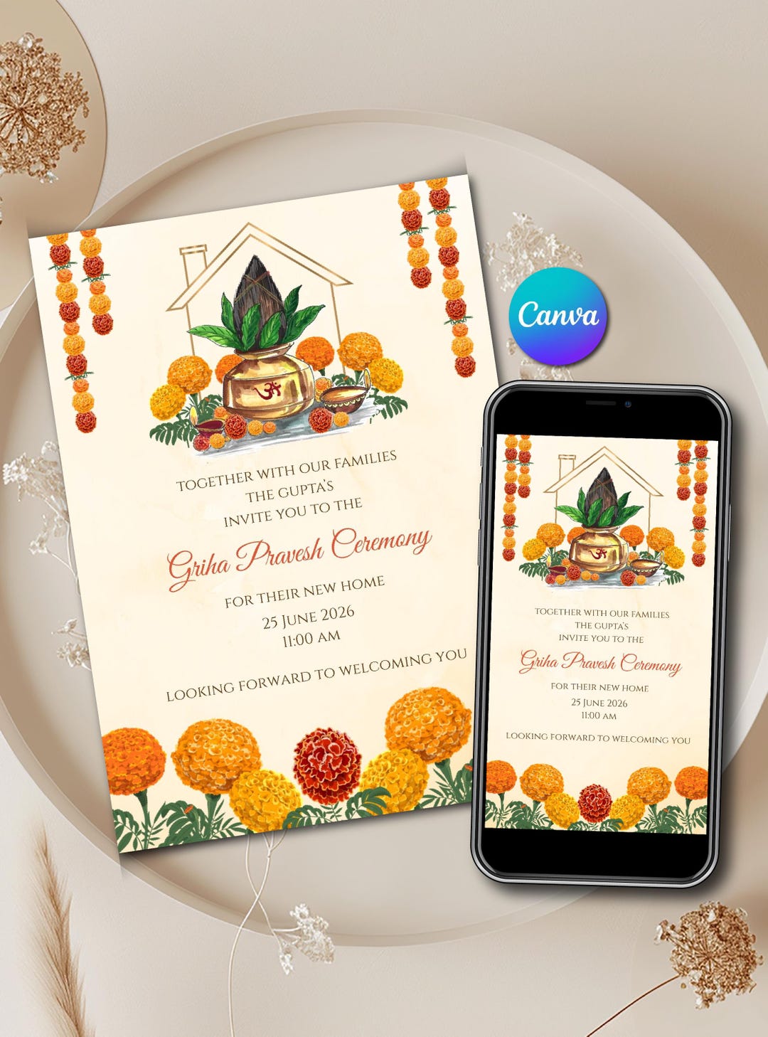 Griha Pravesh Invitation Canva Template & Gruha Pravesham Invite ...