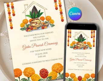 Griha Pravesh Invitation Canva Template & Gruha Pravesham Invite Editable | Vastu Puja Card or Indian Housewarming Digital Download