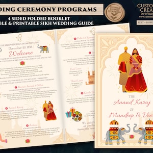 Programy ślubów sikhów i przewodnik Anand Karaj do wydrukowania, programy ślubów w Gurudwarze, przewodnik po ceremoniach sikhów, infografiki dotyczące programu ceremonii pendżabskich