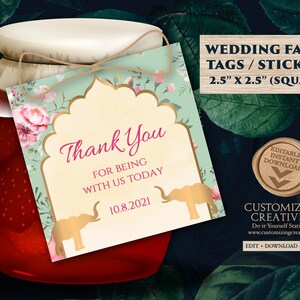 Modelo de etiqueta de lembrança de elefante para etiquetas de lembrança indianas, etiquetas de agradecimento pastel com flores, etiqueta de agradecimento, etiquetas de presente indianas, modelo de casamento hortelã