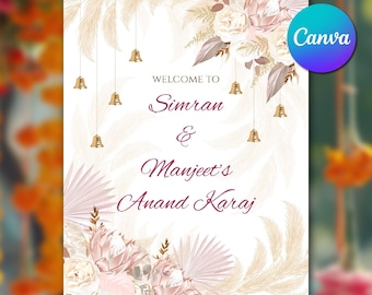 Modello di cartello di benvenuto Anand Karaj, modificabile su tela per matrimonio Sikh, cartello per matrimonio Punjabi Boho Pampas Gold Bell, download immediato di benvenuto Sikh