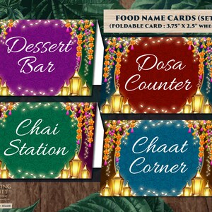 Cartão de lugar do menu indiano Decoração Mehndi, decoração de casamento indiano Rótulo de comida Indiano, cartão de comida de jantar indiano Etiquetas de comida indiana e decoração Mehndi