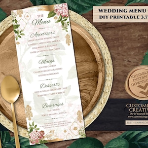 Greenery Wedding Menu Cards for a Wedding Reception Menu, Menu Card Template that is Editable & Printable, Floral Wedding Downloadable Menus