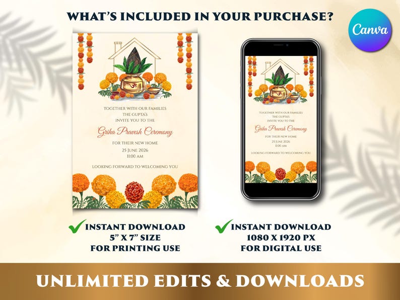 Griha Pravesh Invitation Canva Template & Gruha Pravesham Invite ...
