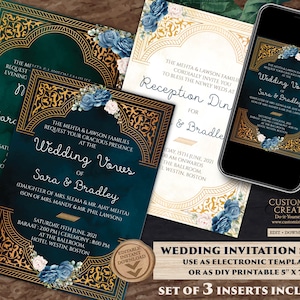 Emerald Gold Wedding Invitation Navy as Arabic Wedding invite Moroccan, Jewel tone Wedding Card Moroccan, Muslim Wedding Invite Nikkah card