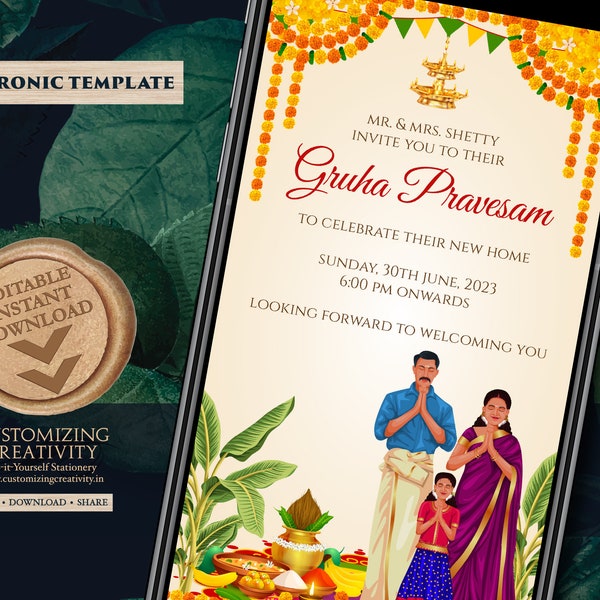 Gruhapravesam invite Griha pravesh invitation, Housewarming invite as Gruhapravesam invite, Indian House warming invitation as Pooja invite