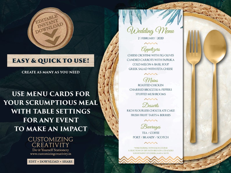 Beach Menu Cards Wedding as Wedding Menus Tropical Indian Etsy