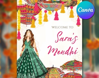 Modello di cartello di benvenuto per Mehndi, illustrazione di sposa indiana modificabile su Canva, cartello notturno Mehendi con ombrello in stile Rajasthani, cartello Mendhi download immediato