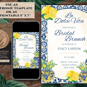 La Dolce Vita Bridal Invitation Italian Blue Tile & Lemon Bridal Shower Brunch Invitation, Mediterranean Tuscan Bachelorette Weekend Digital