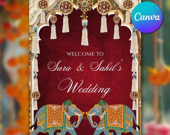 Modello di cartello di benvenuto per matrimonio reale indiano, tela modificabile con elefante Mughal, cartello per matrimonio indù con nappe di perle bordeaux, download immediato.