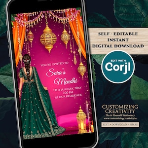 May include: A digital invitation on a smartphone screen for Sara's Mendhi. The design features a woman in a green dress, gold lanterns, and text that reads "You're Invited To Sara's Mendhi". The invitation is self-editable and available for instant digital download.