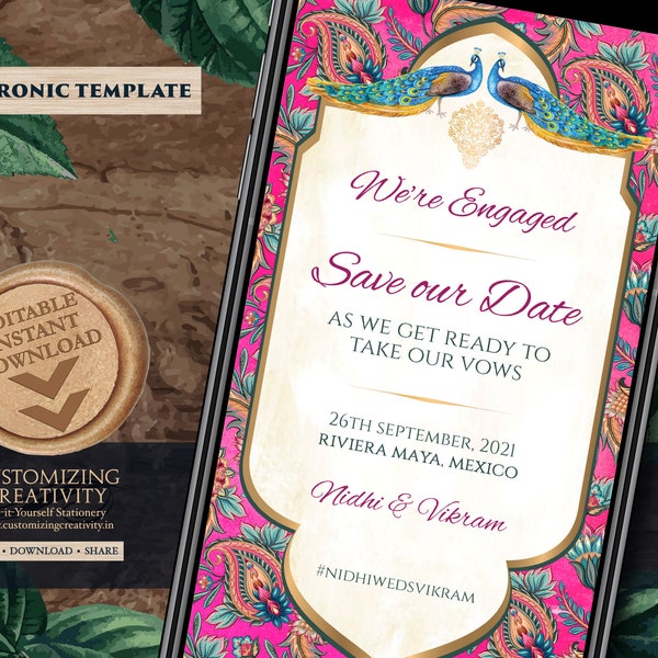 Save the date template digital download for your Boho Indian Theme Wedding Invitation Card with Peacocks, Paisleys & flowers in Fuchsia pink