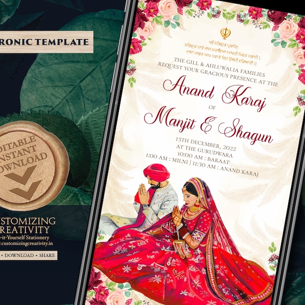 Digital Anand Karaj invites & Sikh invitations, Anand Karaj cards as Sikh Wedding cards Punjabi, Sikh wedding invites as Punjabi invites