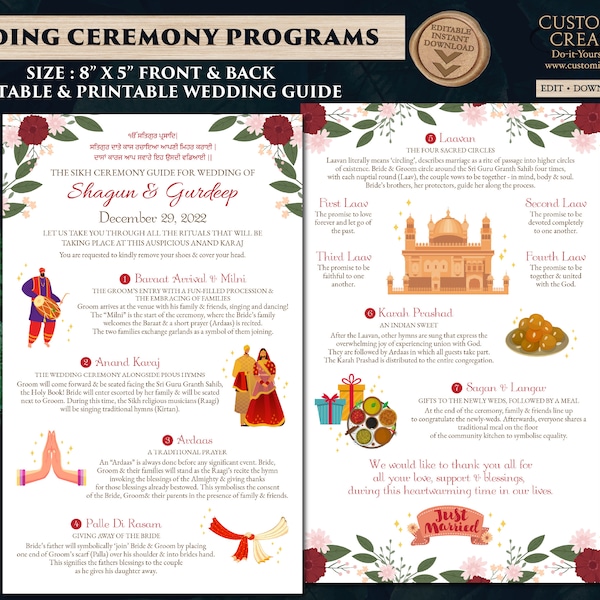 Sikh Wedding guide templates, Sikh ceremony infographics & Sikh ceremony program guide, Punjabi Wedding guide Indian as Anand Karaj programs