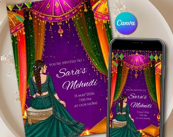 Mehndi Night Invite Template | Mehendi Ceremony Card Editable Canva | Purple Indian Bride Dholki Invitation Digital Download