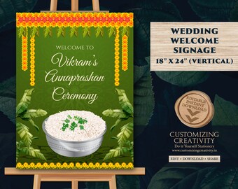 Yellow Rice Ritual Poster Annaprashan Sign & First Rice Feeding Sign, Rice Ceremony Sign as ...
