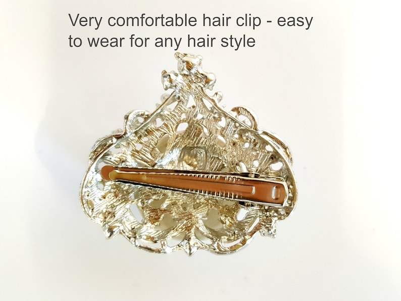 Pu&ograve; includere: Un fermaglio per capelli in argento con un design decorativo e ornato. Il fermaglio &egrave; aperto e pronto per essere utilizzato.
