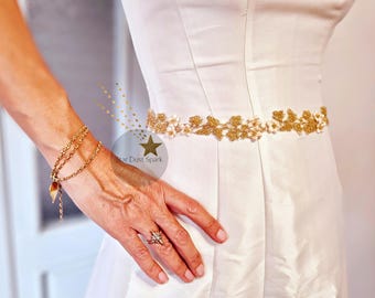 Beaded GOLD Bridal Belt, Wedding Sash Flower Belt, Champagne Bridesmaid Leaf Sash