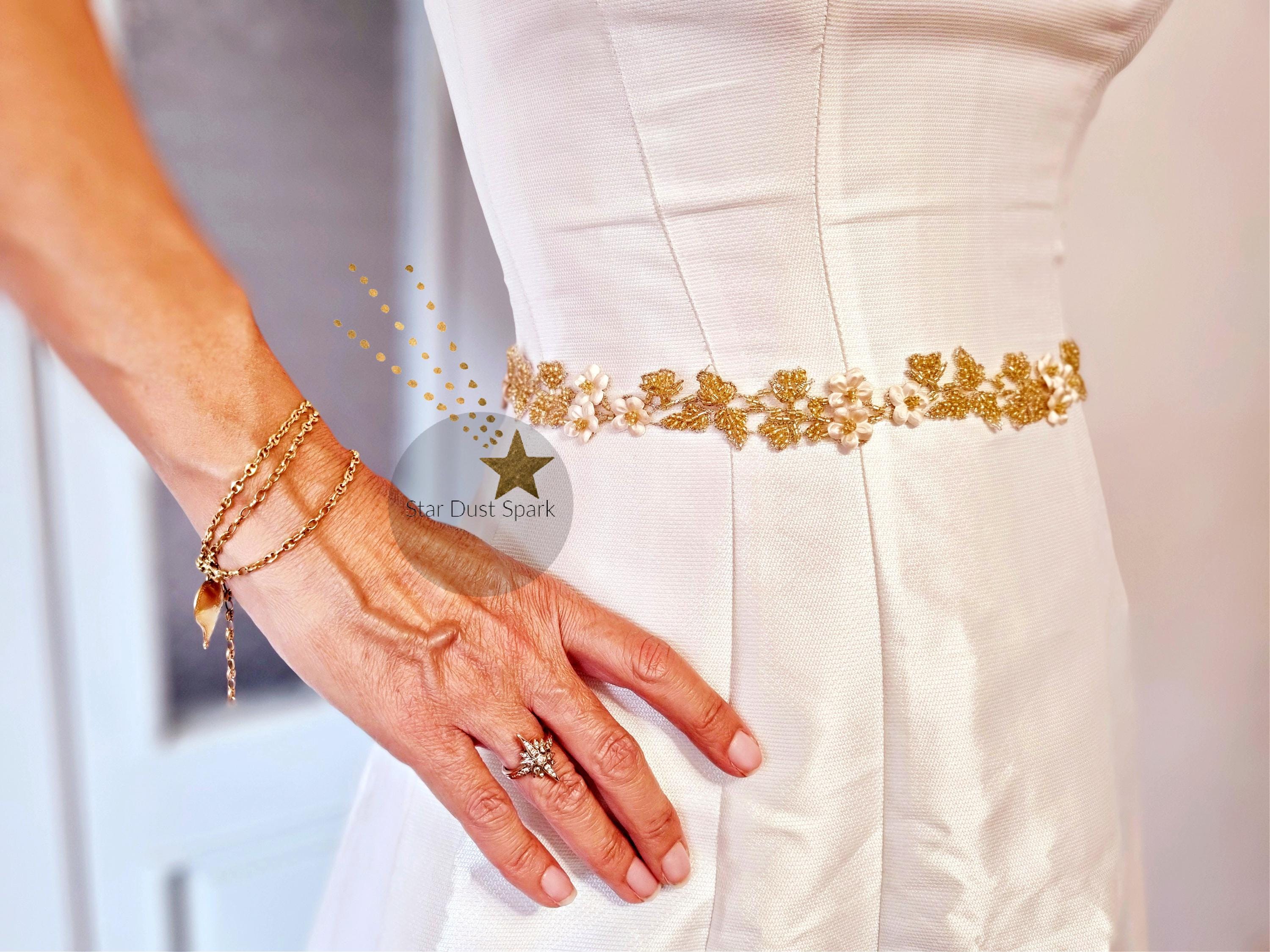 Beaded GOLD Bridal BELT, Wedding Sash Flower Belt, Champagne 