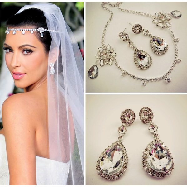 SALE Kim Kardashian Set Forehead Headband & Bridal Wedding Earrings, Forehead Jewelry ,Bridal Headpiece ,Bridal headband,bridal Hair Jewelry