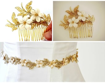 GOLD Sash,Bridal Set Bridal Gold Belt & Gold Flower beaded Hair comb,Champagne bridal beaded Belt ,Gold Sash,Gold beaded belt,Gold Leaf Sash