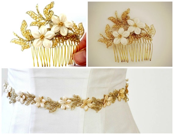 GOLD Sash,bridal Set Bridal Gold Belt & Gold Flower Beaded 