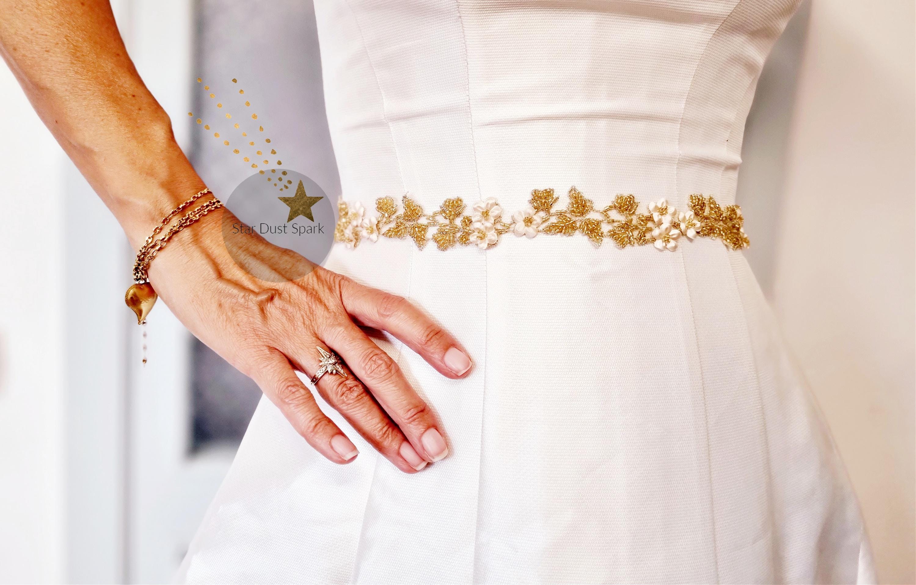 Beaded GOLD Bridal Belt, Wedding Sash Flower Belt, Champagne Bridesmaid Leaf Sash